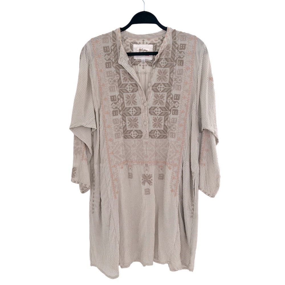 Johnny Was Biya 100% Silk Beige Embroidered Tunic Shirt Dress Boho Cottagecore M - Picture 3 of 11